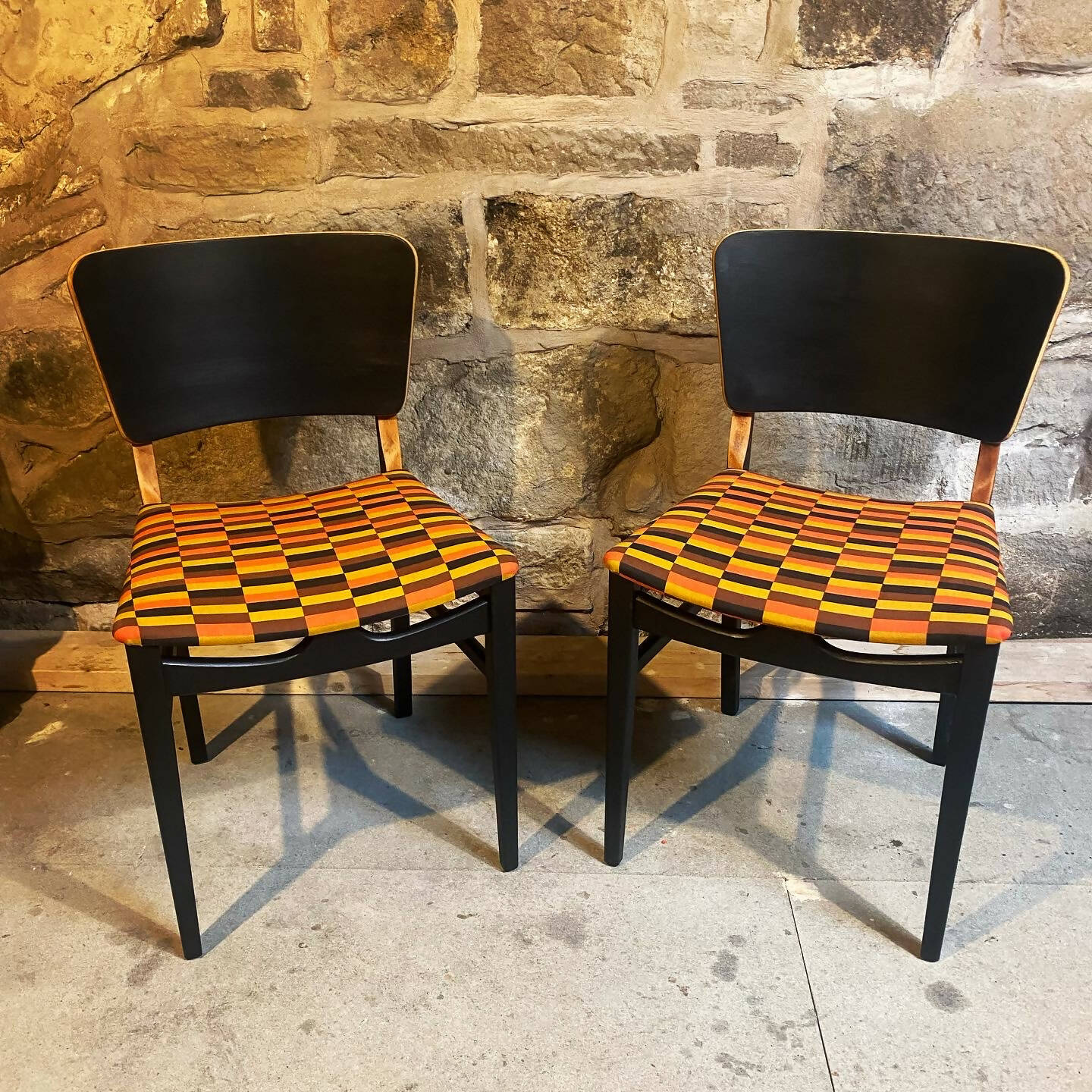 Vintage Beautility Dining Chairs Upholstered In London Transport Fabric