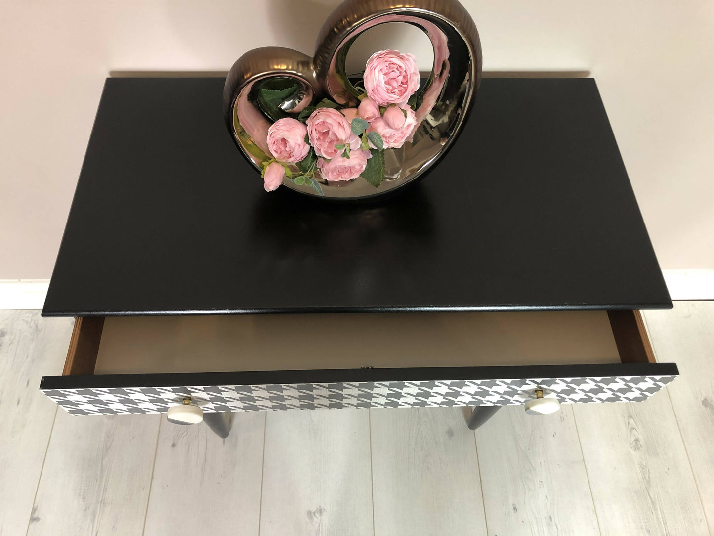 Schreiber Retro chest of 3 drawer/ Side table, Hand painted in black satin colour, Decoupaged with dogtooth pattern/ Marble handles