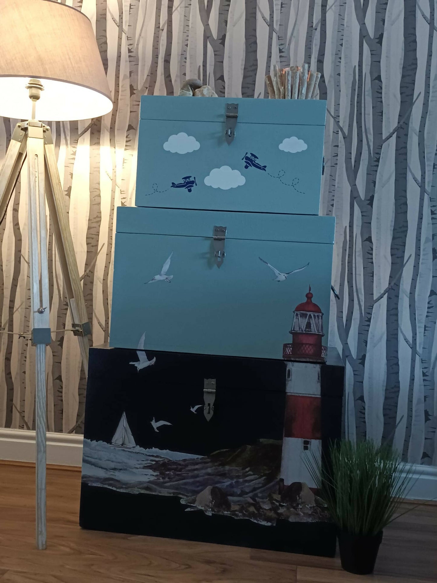 Blue Vintage Nautical Theme Storage Trunks