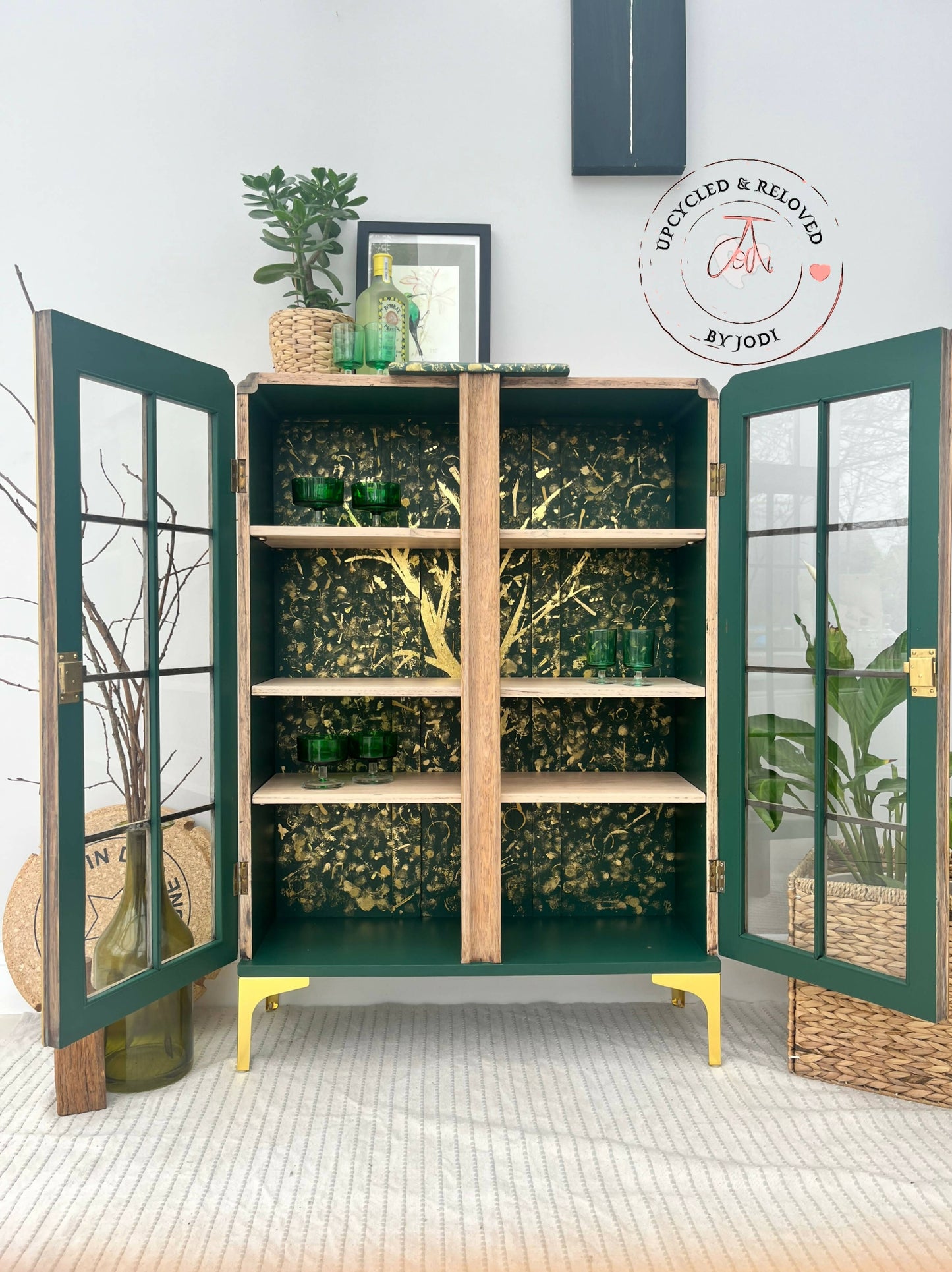 SOLD! Commissions available: Light Oak Cocktail Cabinet with stunning green & gold interior