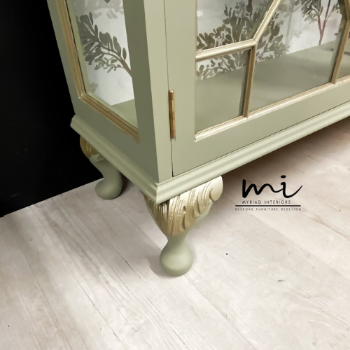 Made To Order - Vintage display cabinet, glass, pale sage green and gold. Drinks cocktail cabinet, sideboard, cupboard - commissions available