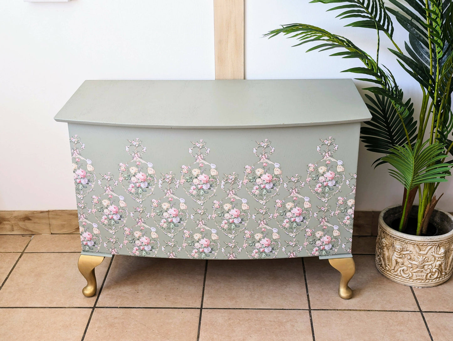 Vintage upcycled floral green and gold blanket box, Queen Anne legs storage chest, french style Ottoman
