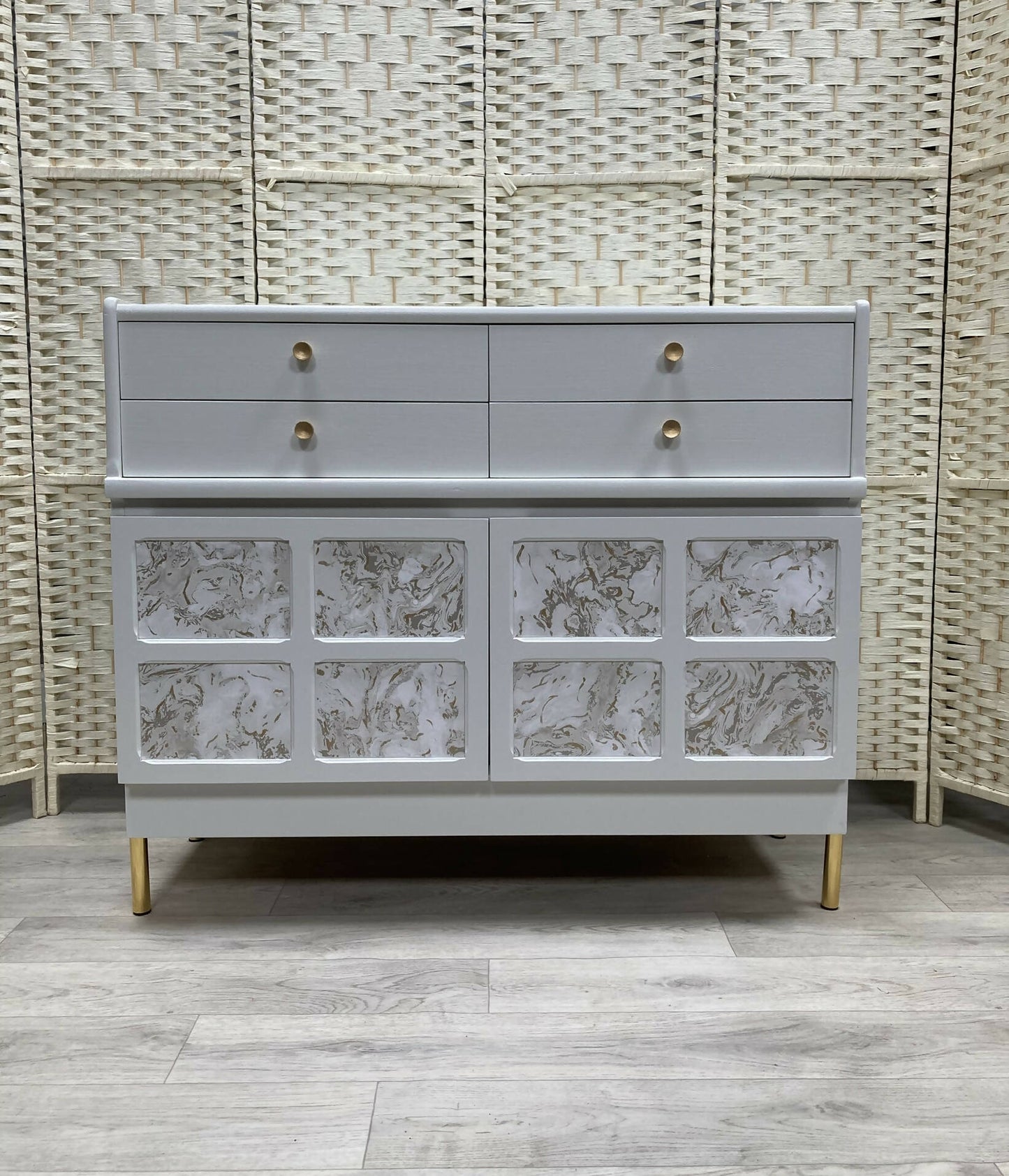 Nathan Squares White Sideboard with 4 Drawers and Large Cupboard. Painted in Wise Owl Enamel, colour Kashmir and gold (Harriet)