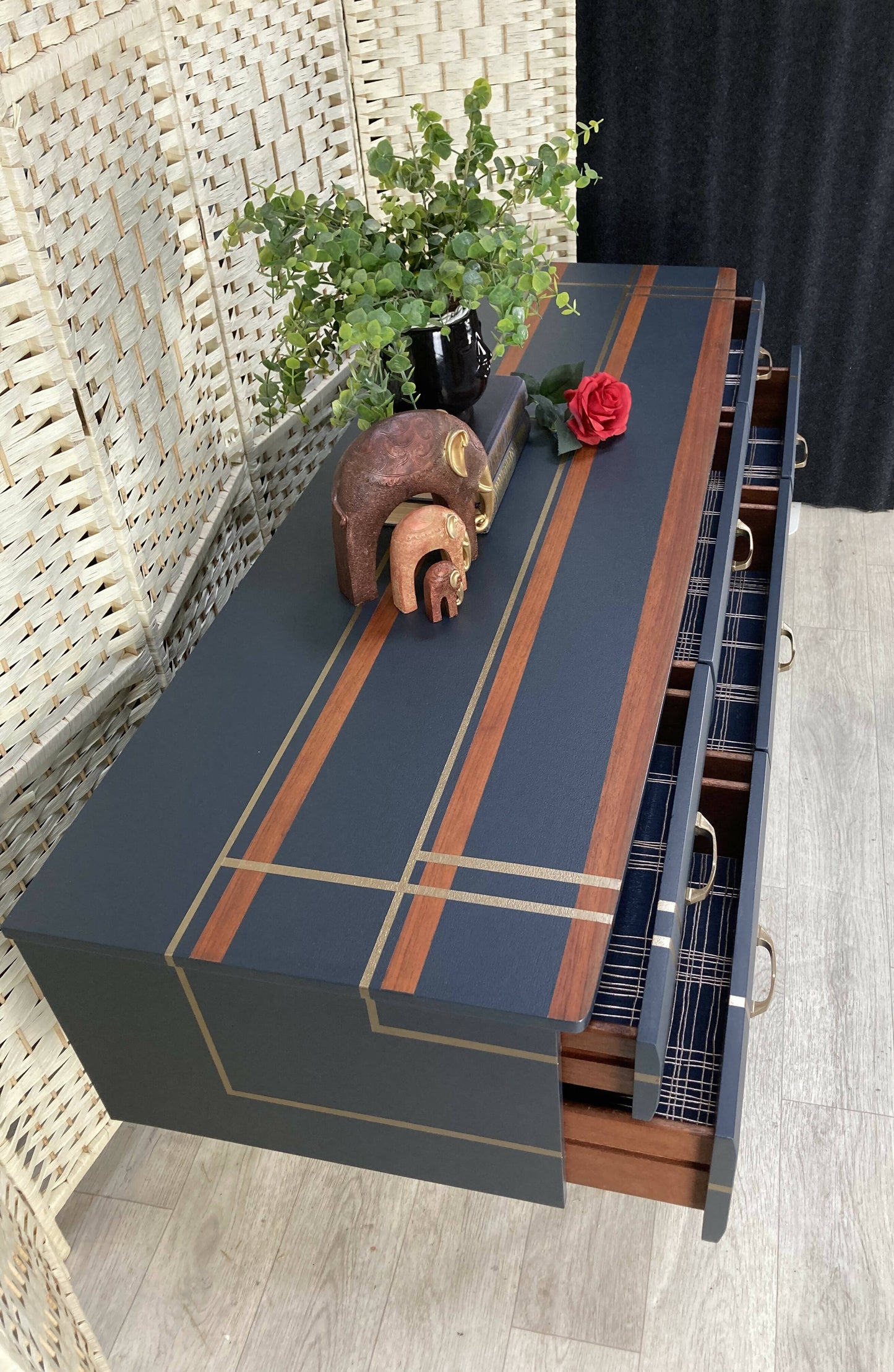 SOLD! Retro mid century modern sideboard/media stand in dark grey, bronze and teak - ‘Marg’