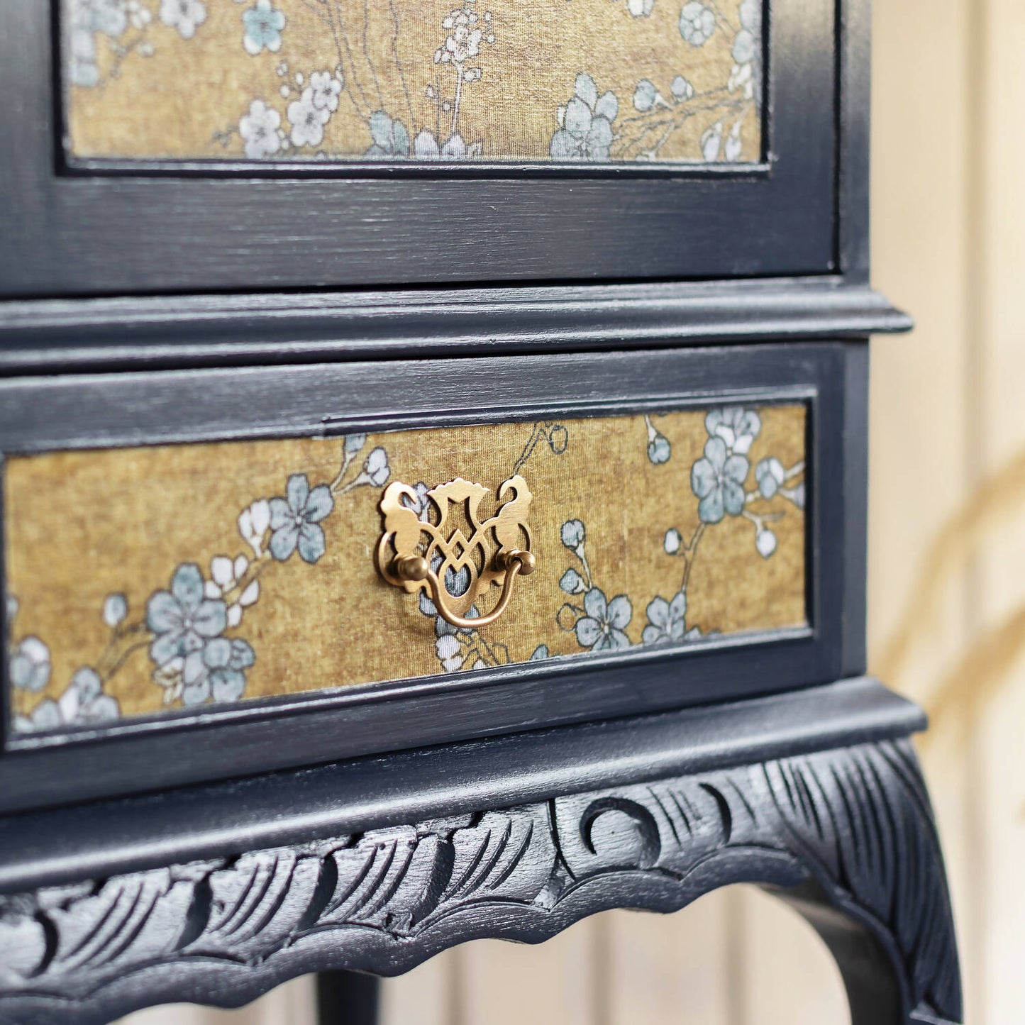 Exceptional vintage cocktail cabinet in midnight blue, boasting an oriental-inspired design. Sold, commission available.