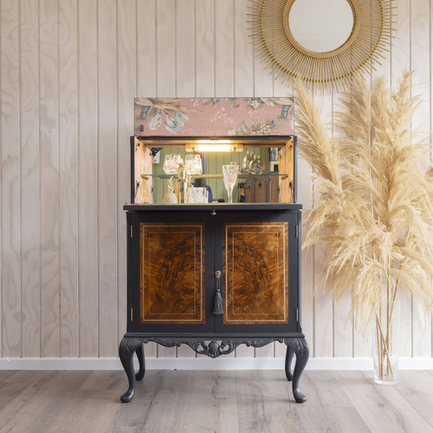 Cocktail cabinet in a beautiful combination of grey and dusty pink. Sold, commission available.