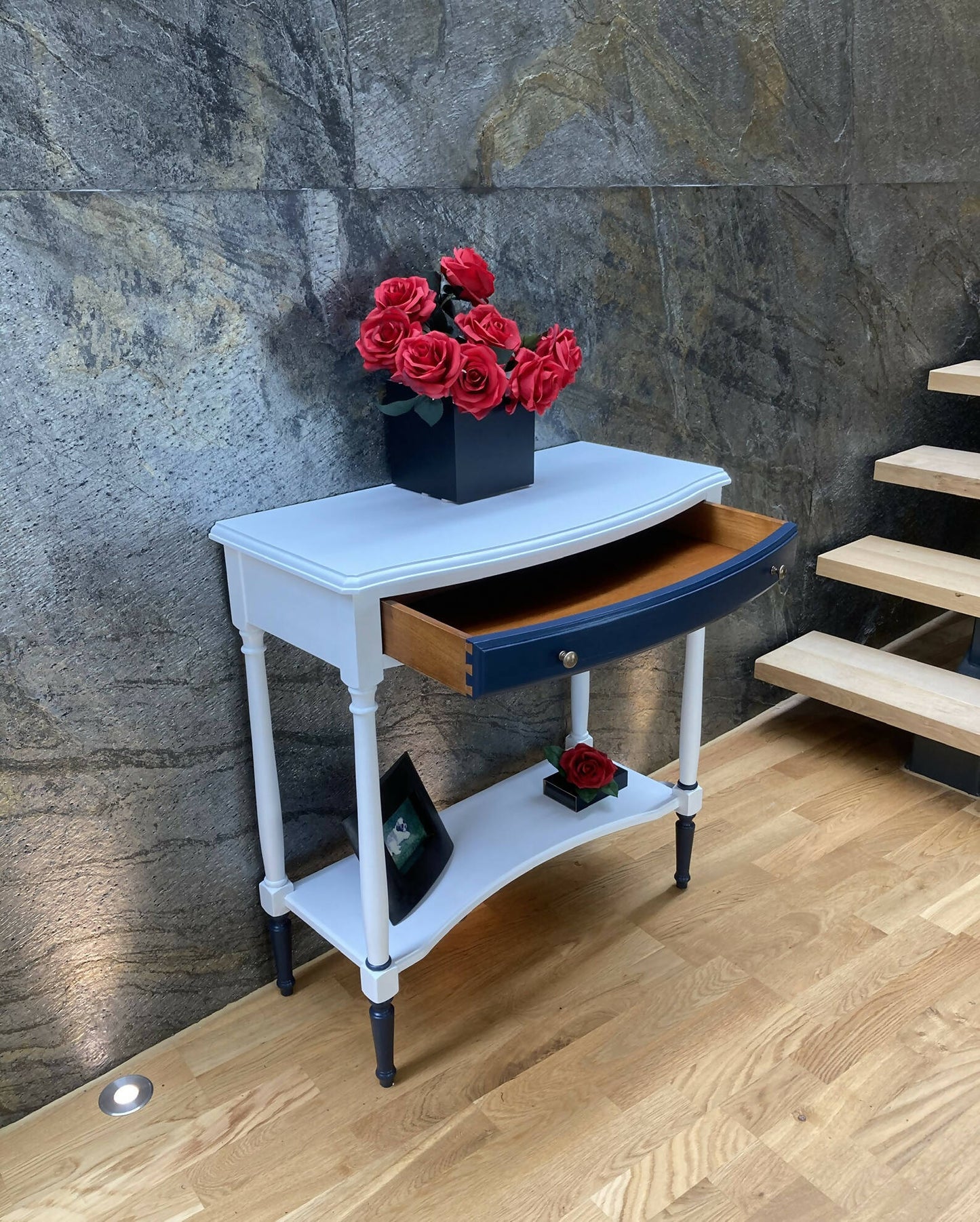 Vintage console table. Hallway table hand painted in Wise Owl Enamel colours white and navy (Eliza)