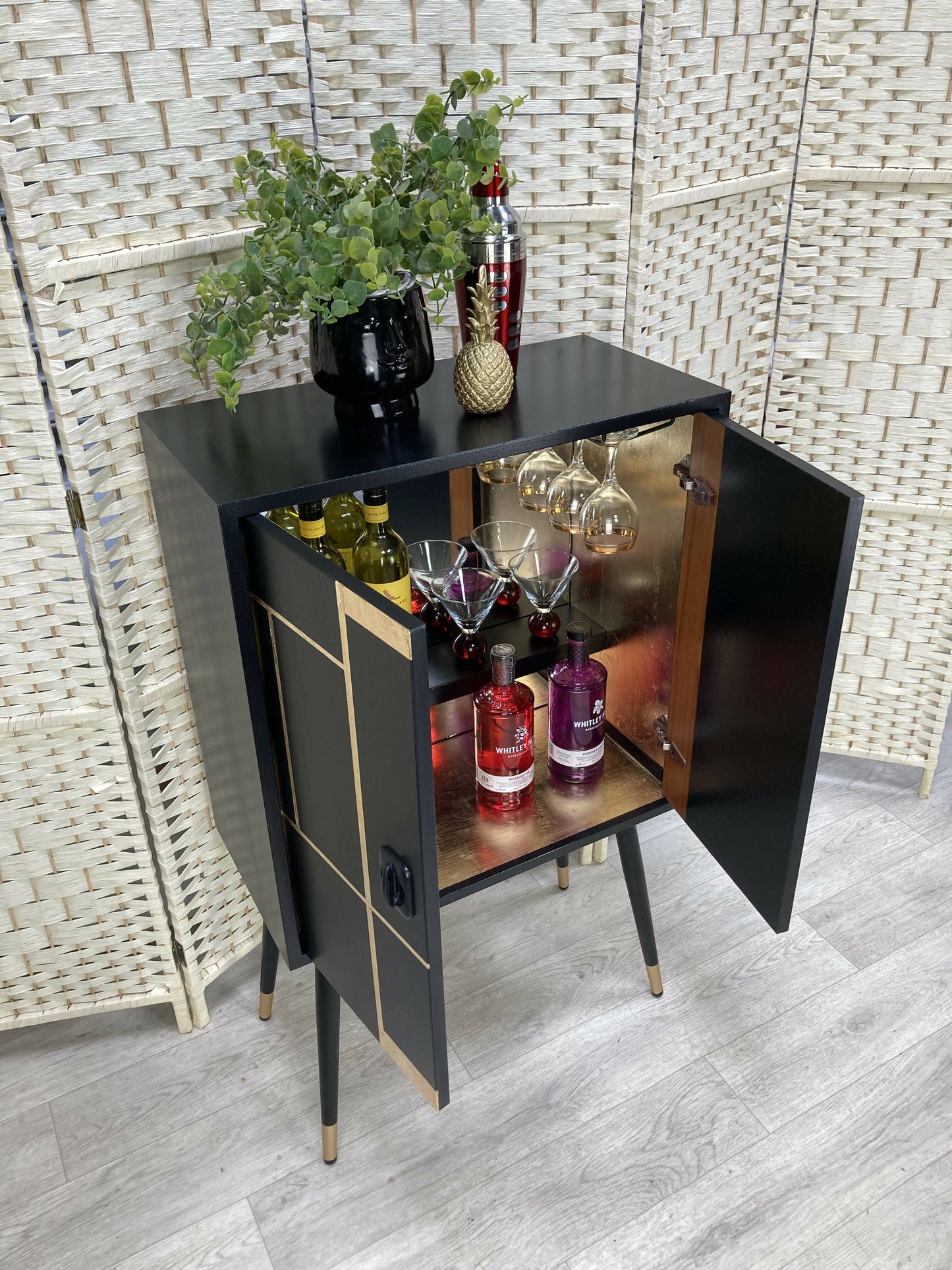 SOLD! MCM Black and gold leaf Drinks Cabinet on Steel Legs - Danish Teak (Maria)