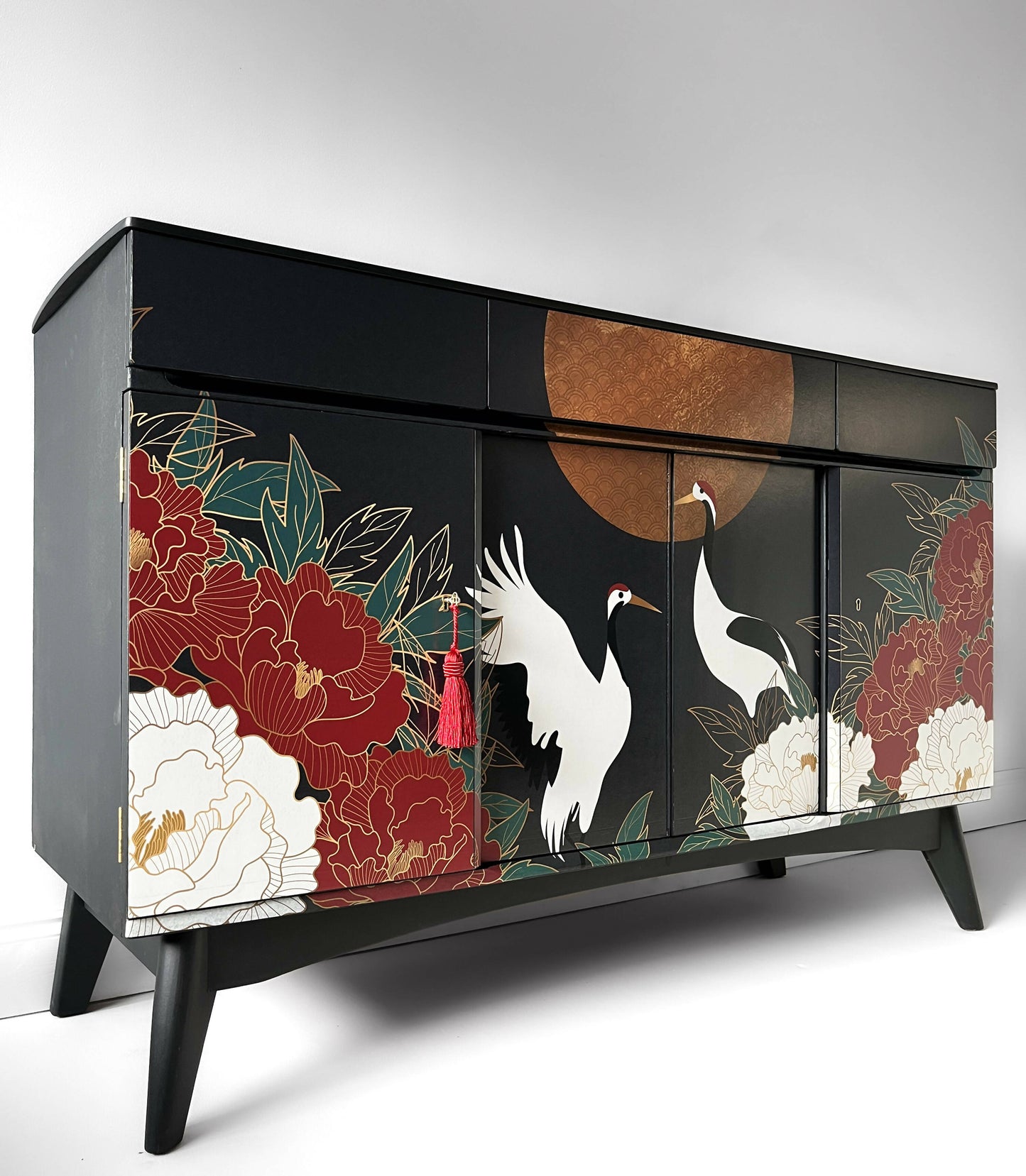 Upcycled Contemporary sideboard floral design Oriental design modern TV stand Painted TV unit Art deco sideboard Drawers and cabinets Chinoiseries