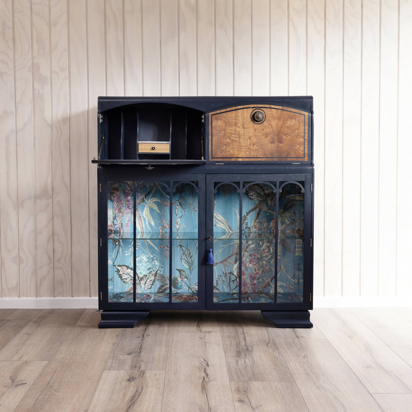 Available: One of a kind blue vintage cocktail cabinet, vintage drinks cabinet, cocktail bar, desk and drinks cabinet combined.