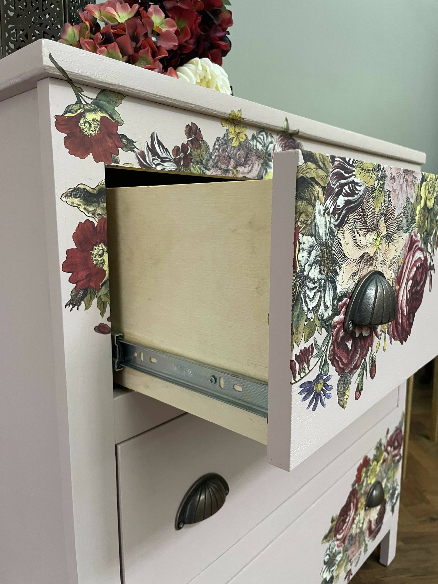 Vintage Pink Floral Tallboy Bedroom Drawers