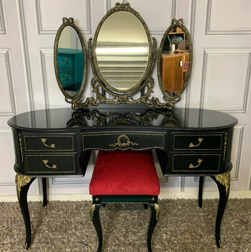 Black Antique Carved Dressing Table With Mirror and Matching Stool