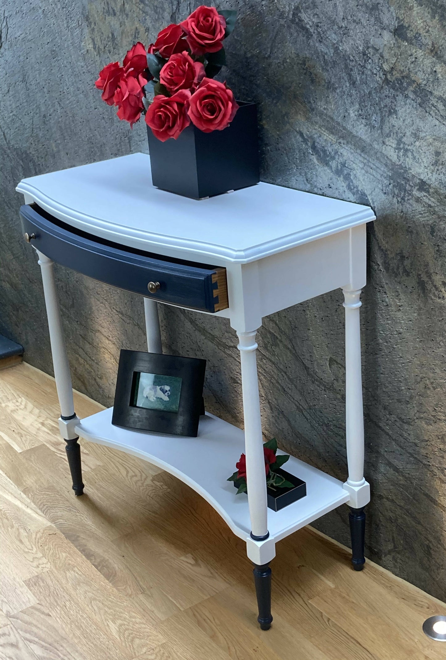 Vintage console table. Hallway table hand painted in Wise Owl Enamel colours white and navy (Eliza)