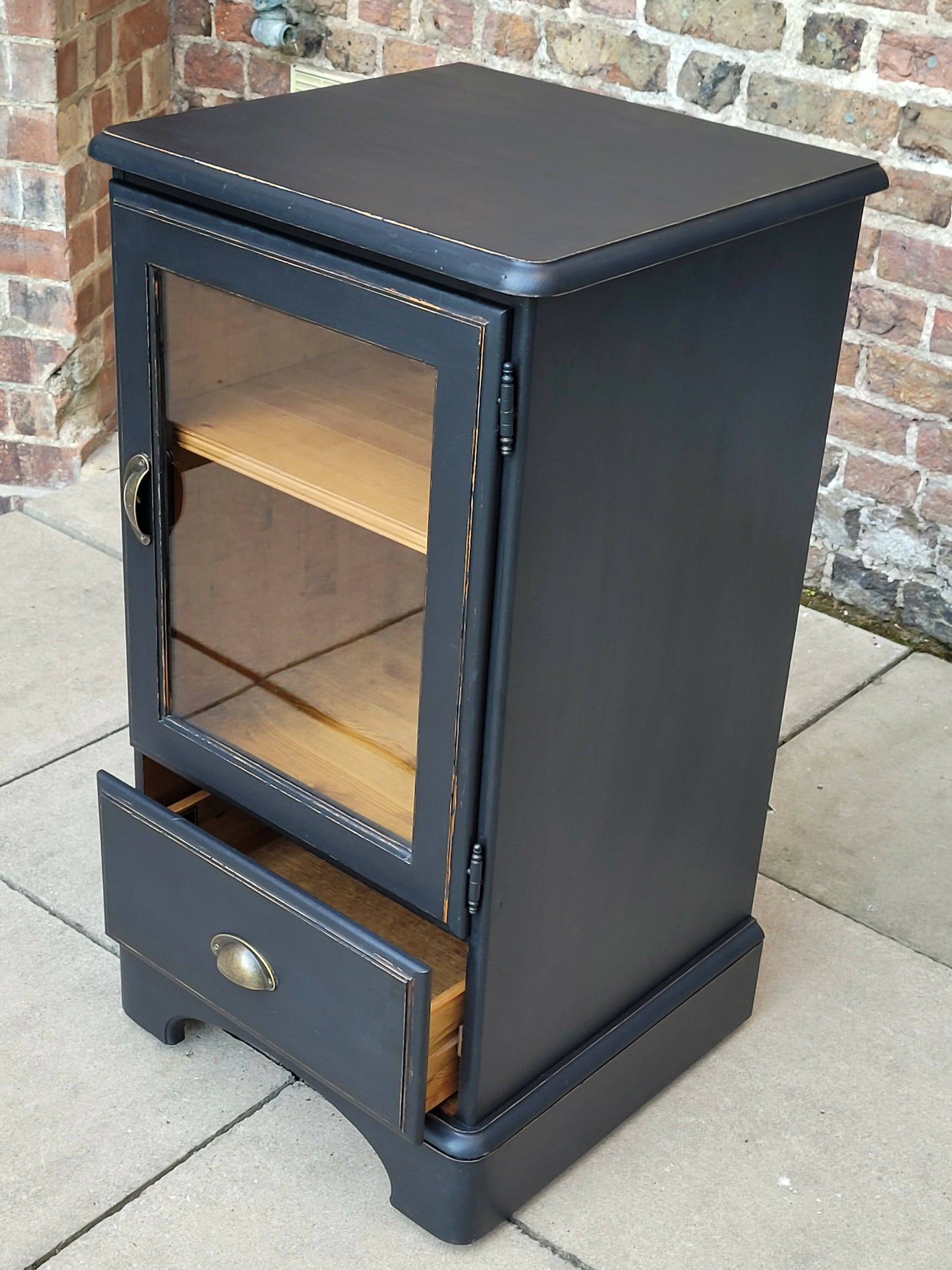 Navy Blue Pine Cupboard Display Cabinet With Drawer