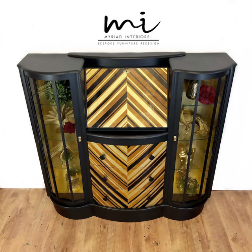 Refurbished vintage cocktail cabinet, black gold chevron, drinks bar, gin, upcycled bureau, sideboard display - commissions available