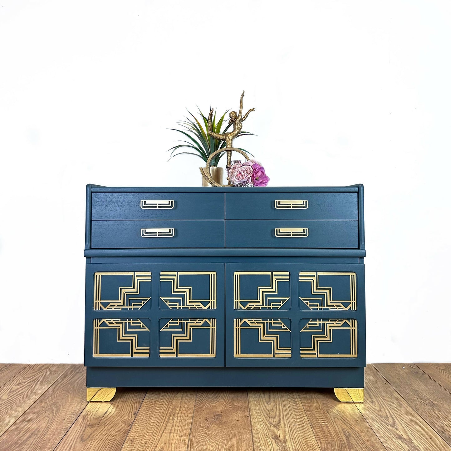 Nathan sideboard in deep teal, gold art deco, mid century, vintage, drink cabinet, media unit, dresser, cupboard, cocktail cabinet, navy blue retro