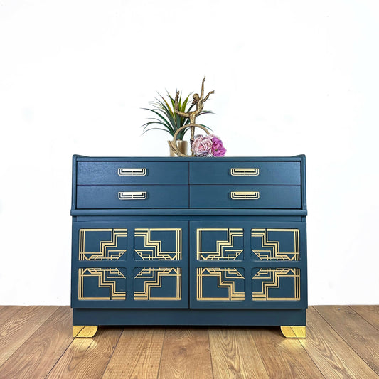 Nathan sideboard in deep teal, gold art deco, mid century, vintage, drink cabinet, media unit, dresser, cupboard, cocktail cabinet, navy blue retro