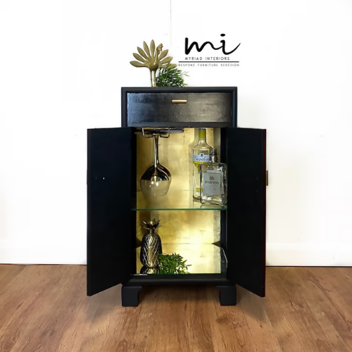 MADE TO ORDER Upcycled drinks cabinet, cocktail, hand painted, Mona Lisa, decoupage, gin bar, black - commissions available