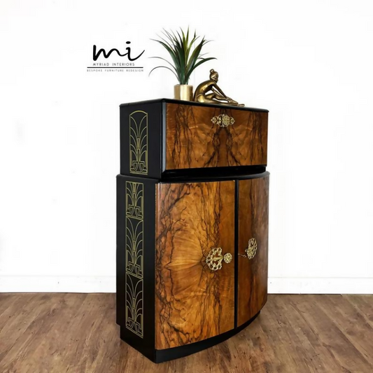 SOLD commissions available Art Deco refurbished cocktail cabinet, walnut drinks cabinet, black, statement, gin bar, upcycled, vintage - SOLD commissions available