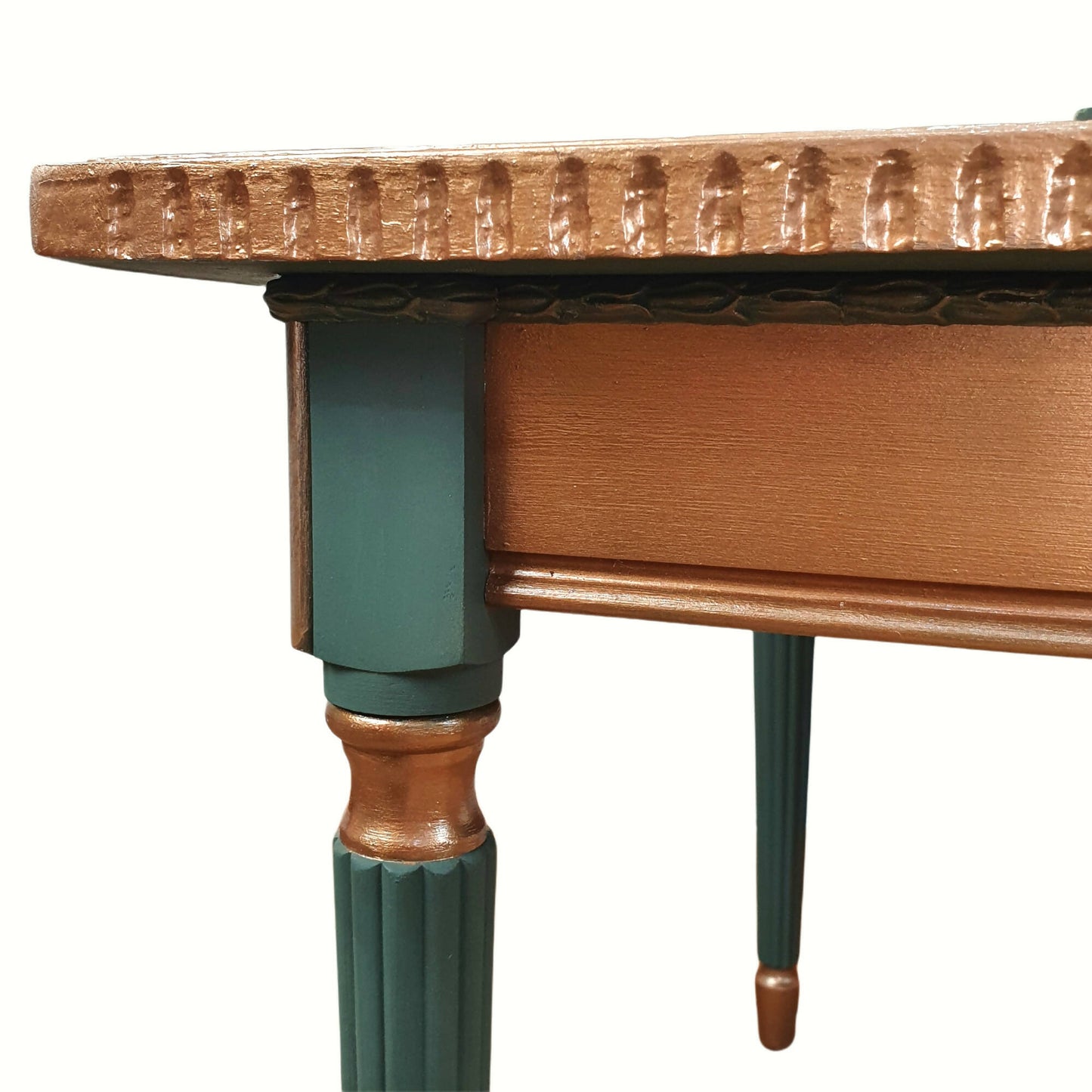 Vintage painted coffee table, square table, hand painted in dark green mineral paint with gold metallic top & gold detailing to the base