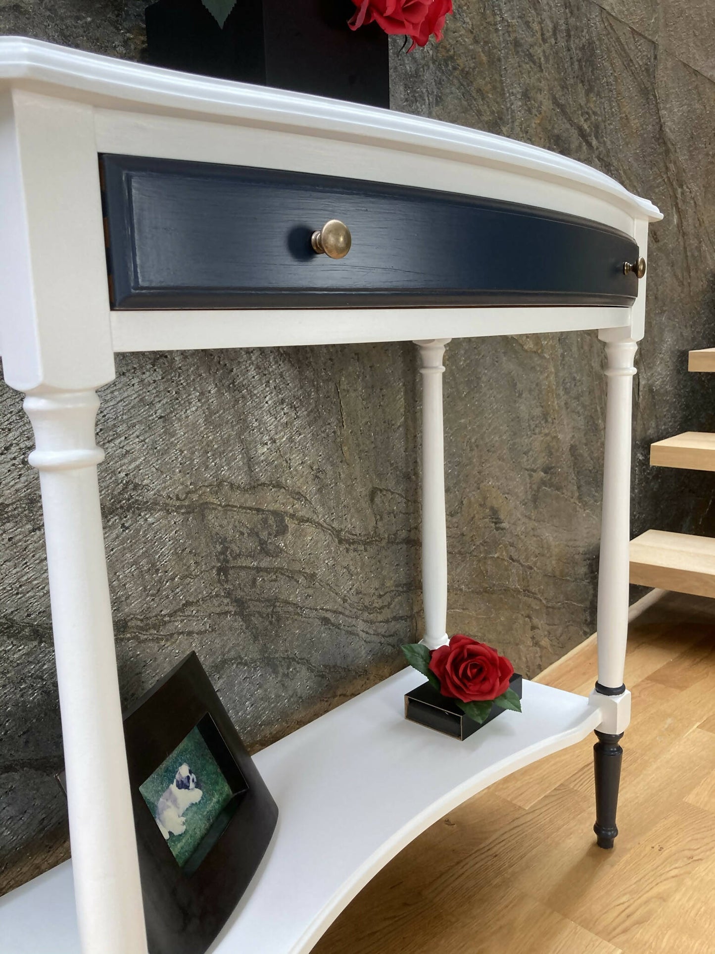 Vintage console table. Hallway table hand painted in Wise Owl Enamel colours white and navy (Eliza)