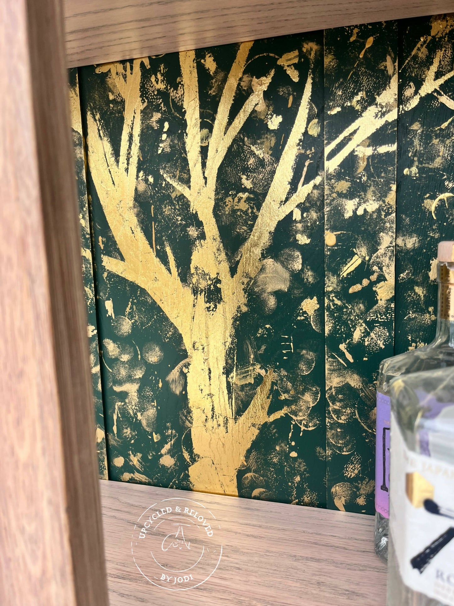 SOLD! Commissions available: Light Oak Cocktail Cabinet with stunning green & gold interior
