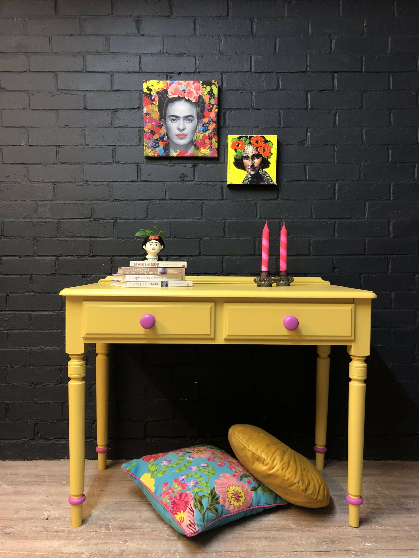 MADE TO ORDER: Yellow and pink console/hallway table/desk, with floral paper drawer lining