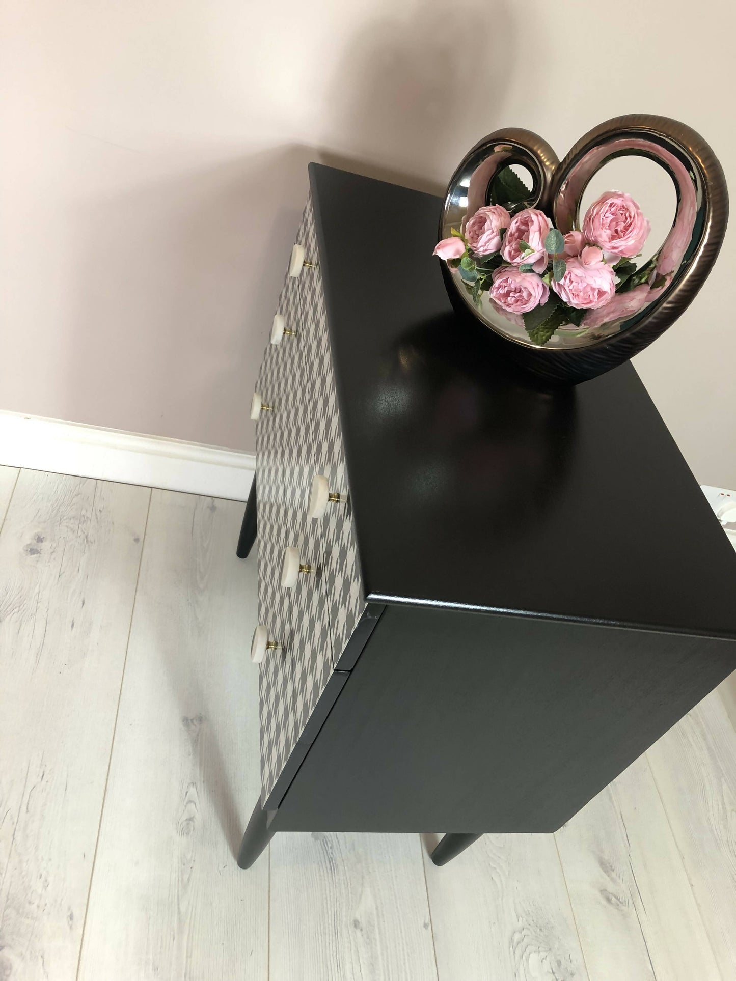 Schreiber Retro chest of 3 drawer/ Side table, Hand painted in black satin colour, Decoupaged with dogtooth pattern/ Marble handles