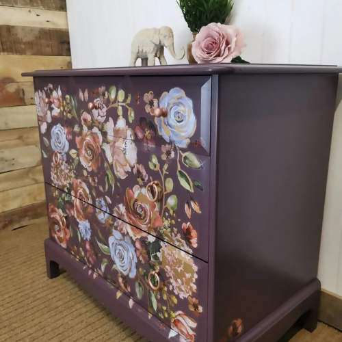 Pretty Stag Minstrel Chest Of Drawers, deep purple with floral design, large bedside table, sideboard, maximalist - commission available