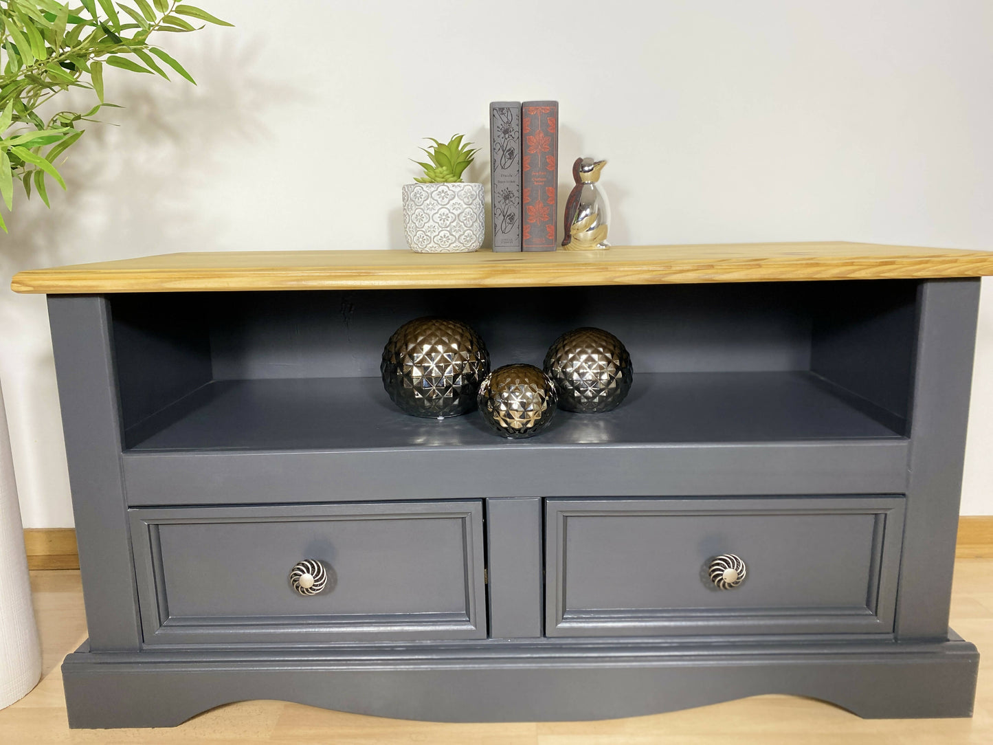 Vintage Grey Wooden TV Cabinet Drawers