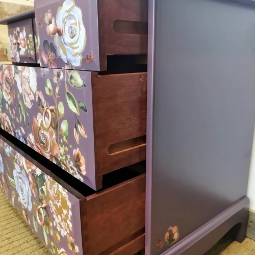 Pretty Stag Minstrel Chest Of Drawers, deep purple with floral design, large bedside table, sideboard, maximalist - commission available