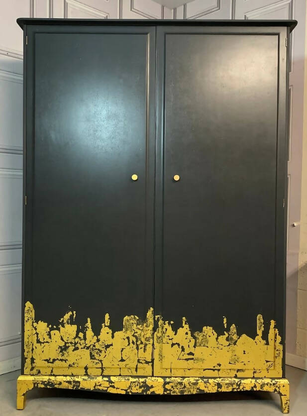 Stag Wardrobe Painted Black & Gold Leaf Flame Details Double Wardrobe