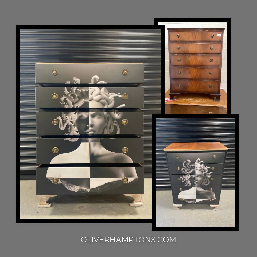 Black stunning G-Plan solid wood chest of five drawers.