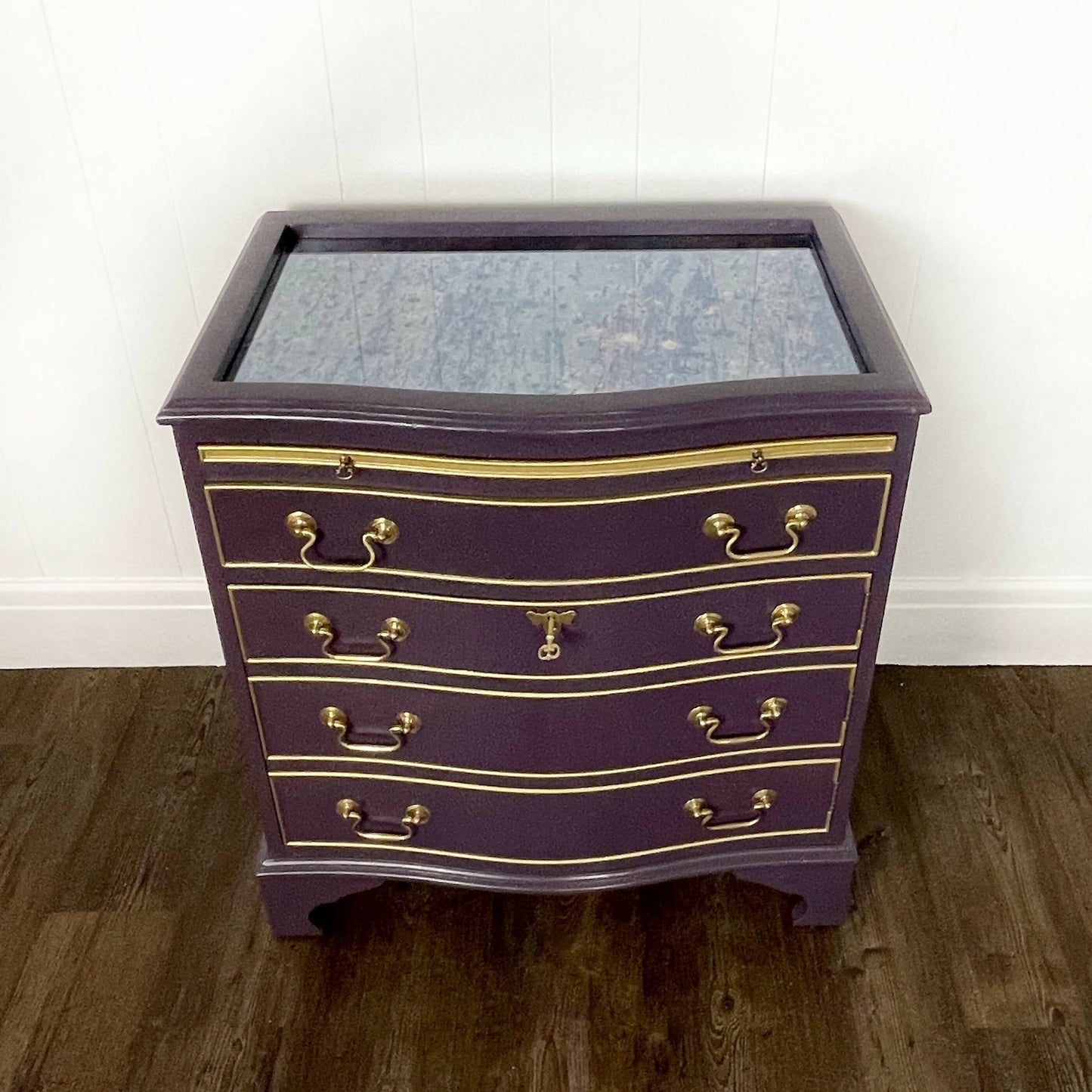 J Sydney Smith Bow Fronted Purple Drinks Cabinet with glass top