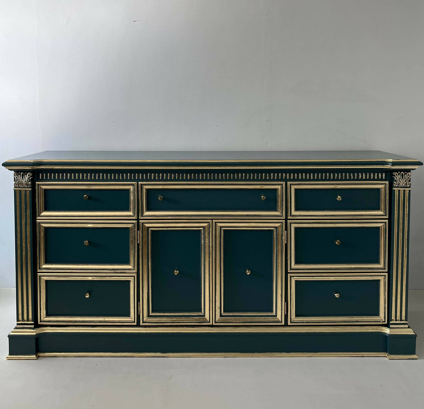 Luxury upcycled Georgian sideboard painted Teal green with gold leaf