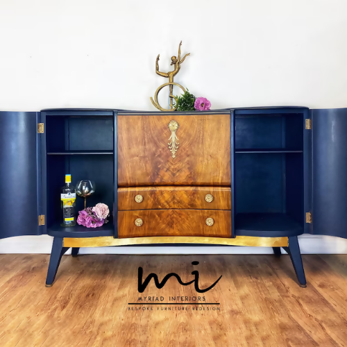 Refurbished vintage Beautility cocktail cabinet, Art Deco, hand painted, drinks cabinet, gin bar, burr walnut - commissions available -