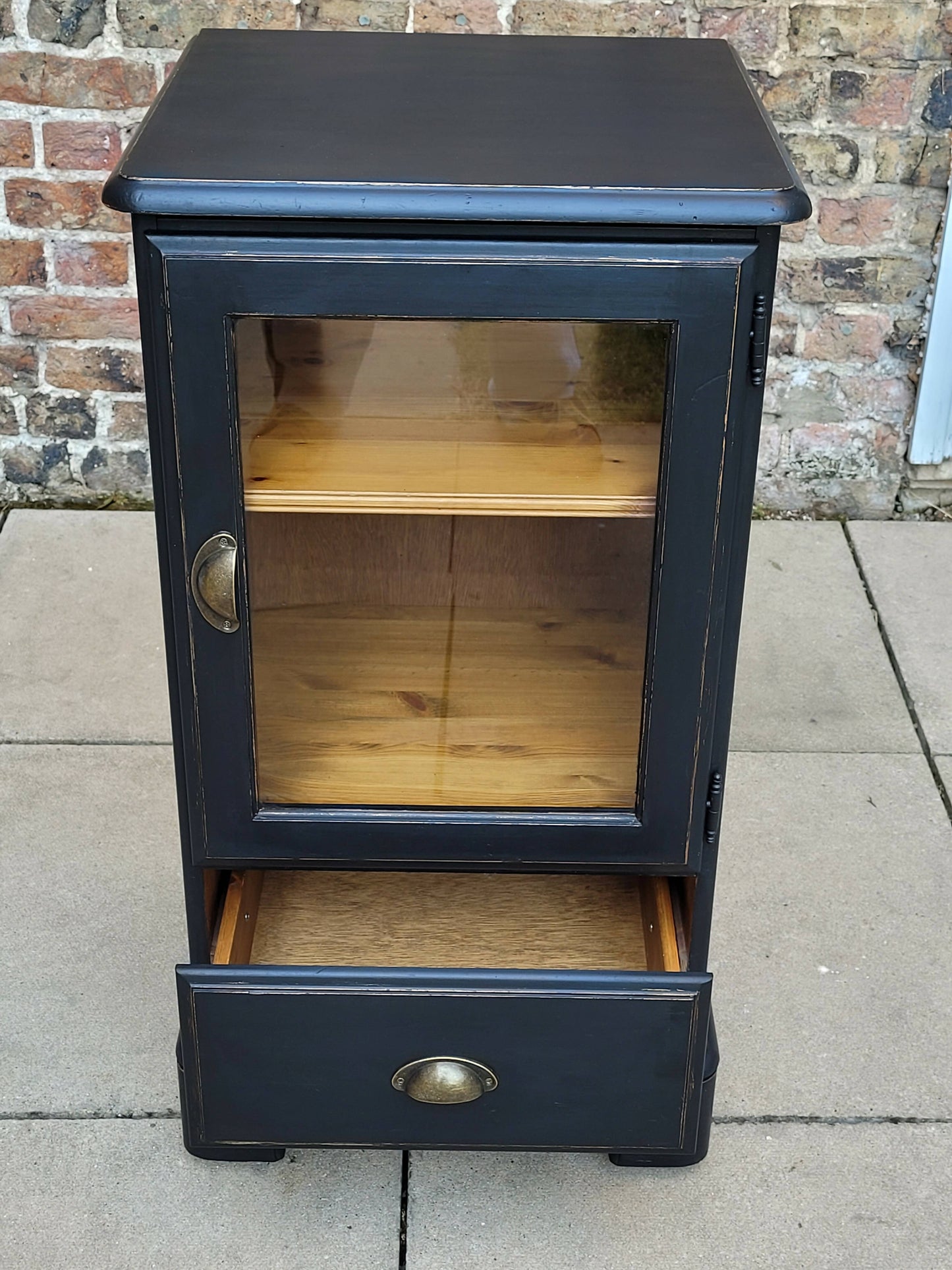 Navy Blue Pine Cupboard Display Cabinet With Drawer
