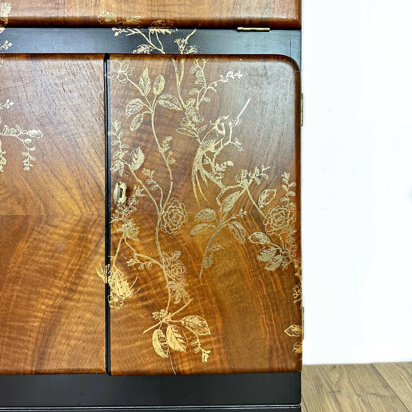 Petit Refurbished art deco cocktail cabinet, vintage black and gold drinks cabinet, birds, sideboard, dresser, gin bar, hand painted,