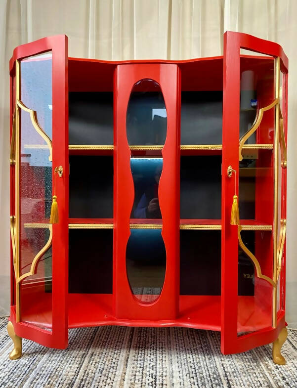 Vintage Cocktail Cabinet, Glass Display Unit, Red Drinks Cabinet, Eastern Inspired Furniture