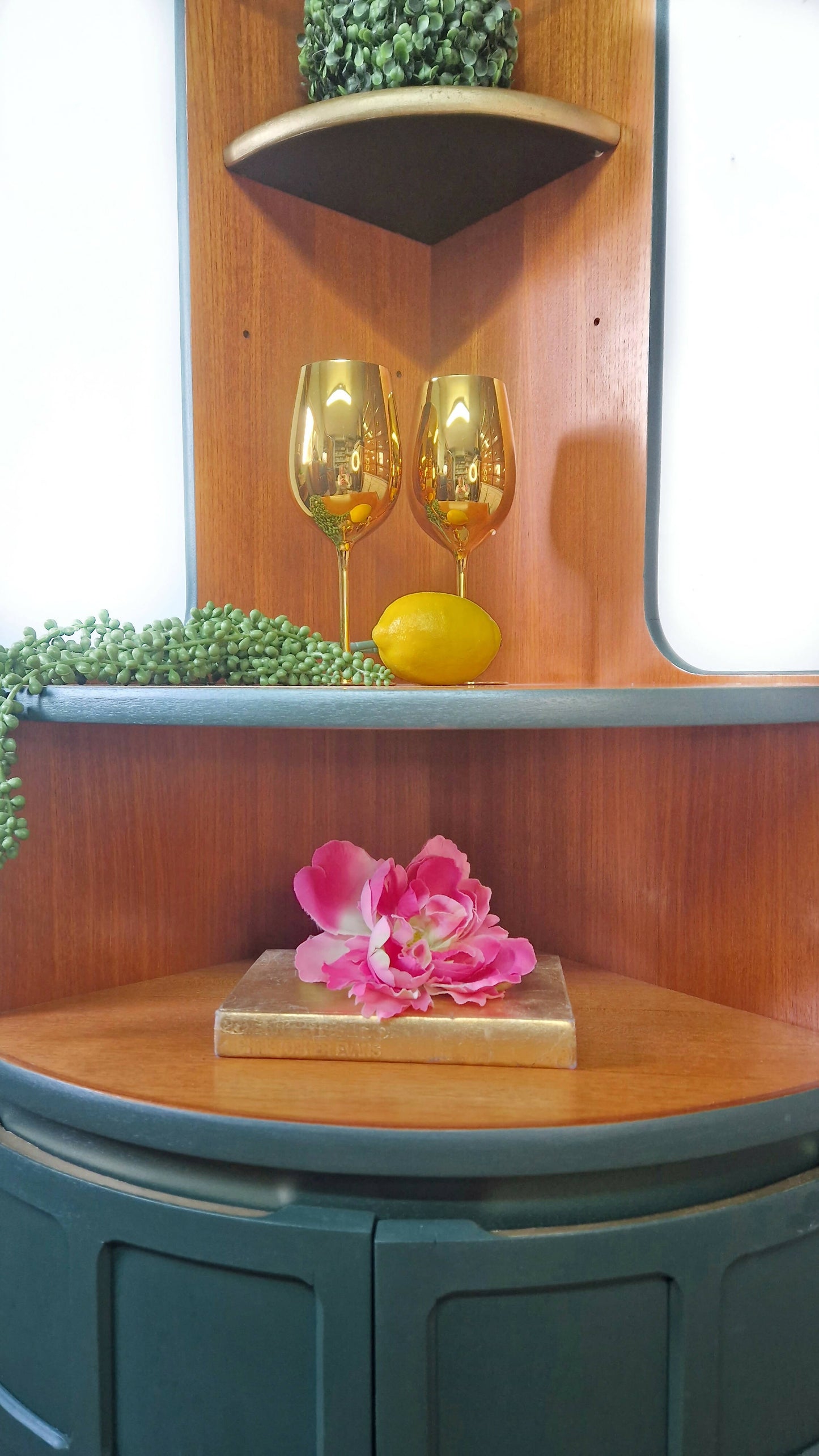 Mid century modern nathan corner unit,drinks cabinet in green and gold