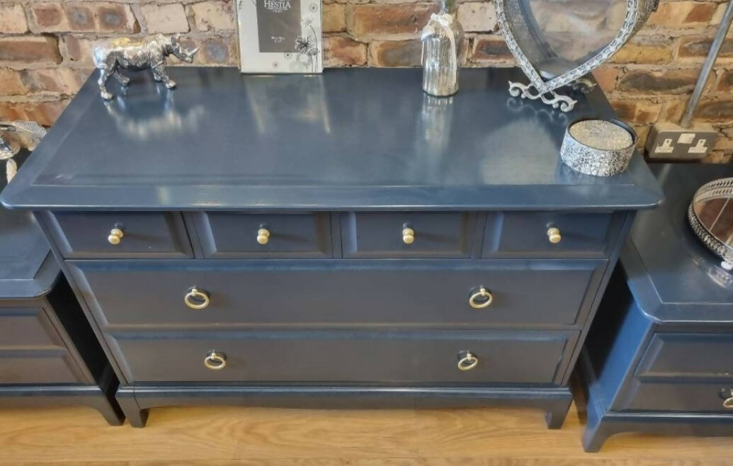 SOLD OUT Upcycled Refinished Beautiful Set of Stag Minstrel Vintage Drawers and 2 Matching Sidetables