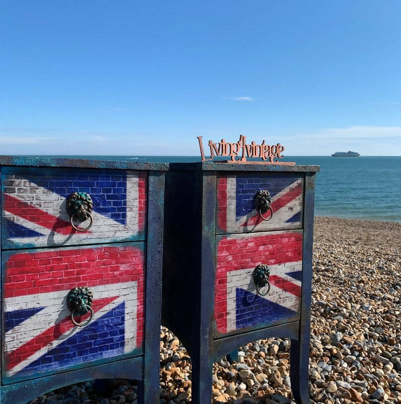 Pair Bedside Tables Union Jack Furniture Grungy Texturized Blue Bedside Cabinets Decoupaged Cabinets