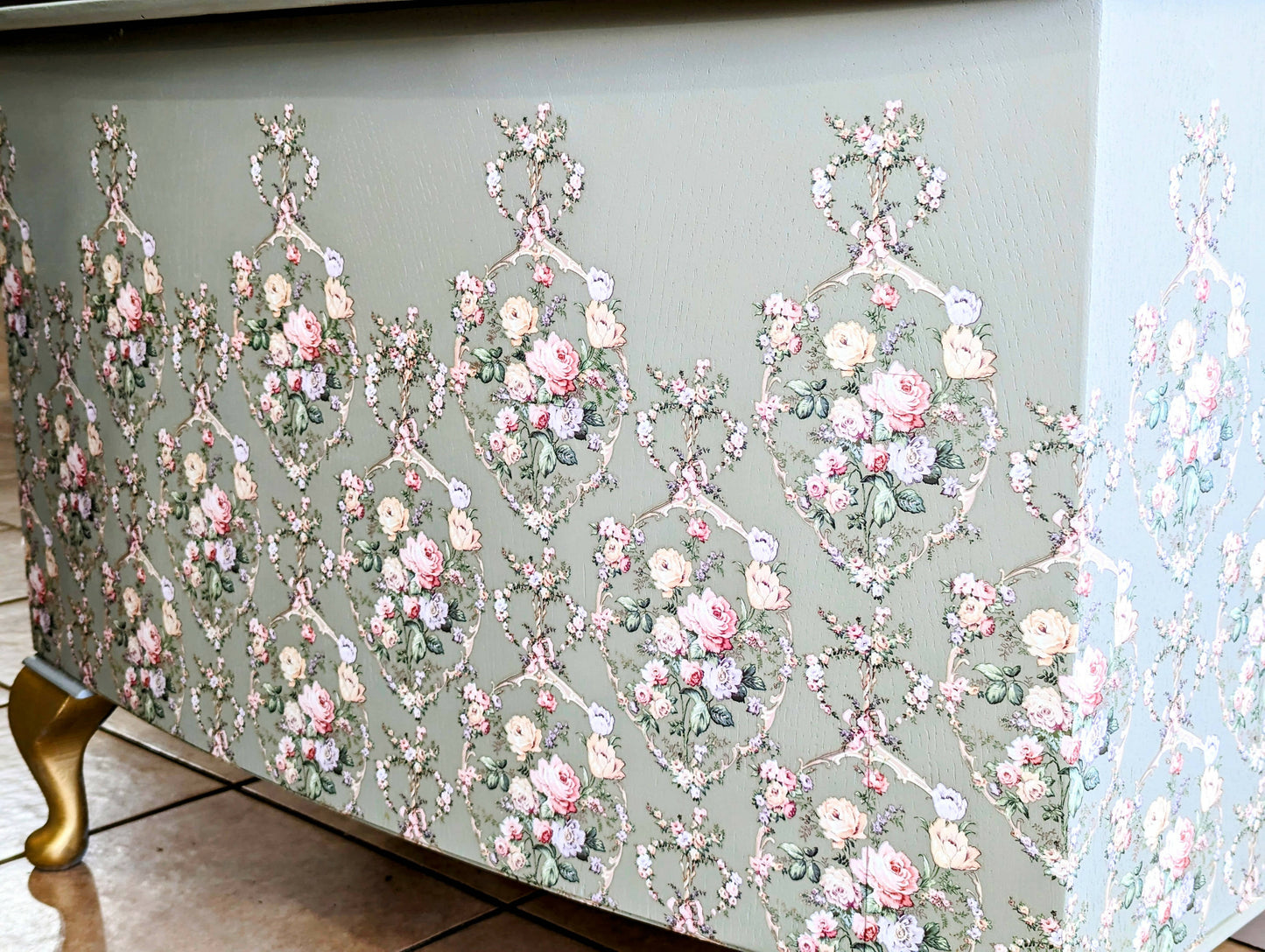 Vintage upcycled floral green and gold blanket box, Queen Anne legs storage chest, french style Ottoman