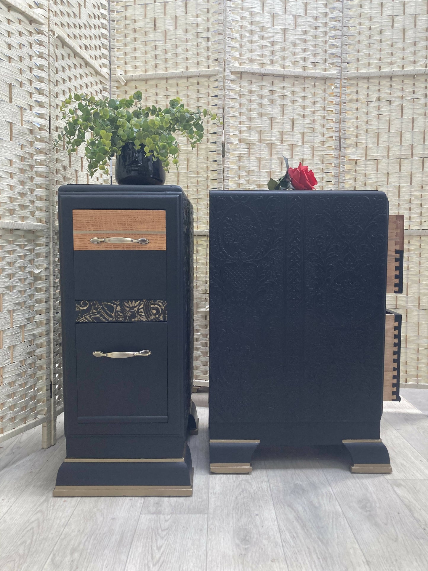 SOLD! Art Deco Vintage Bedside Tables, in Black and Bronze