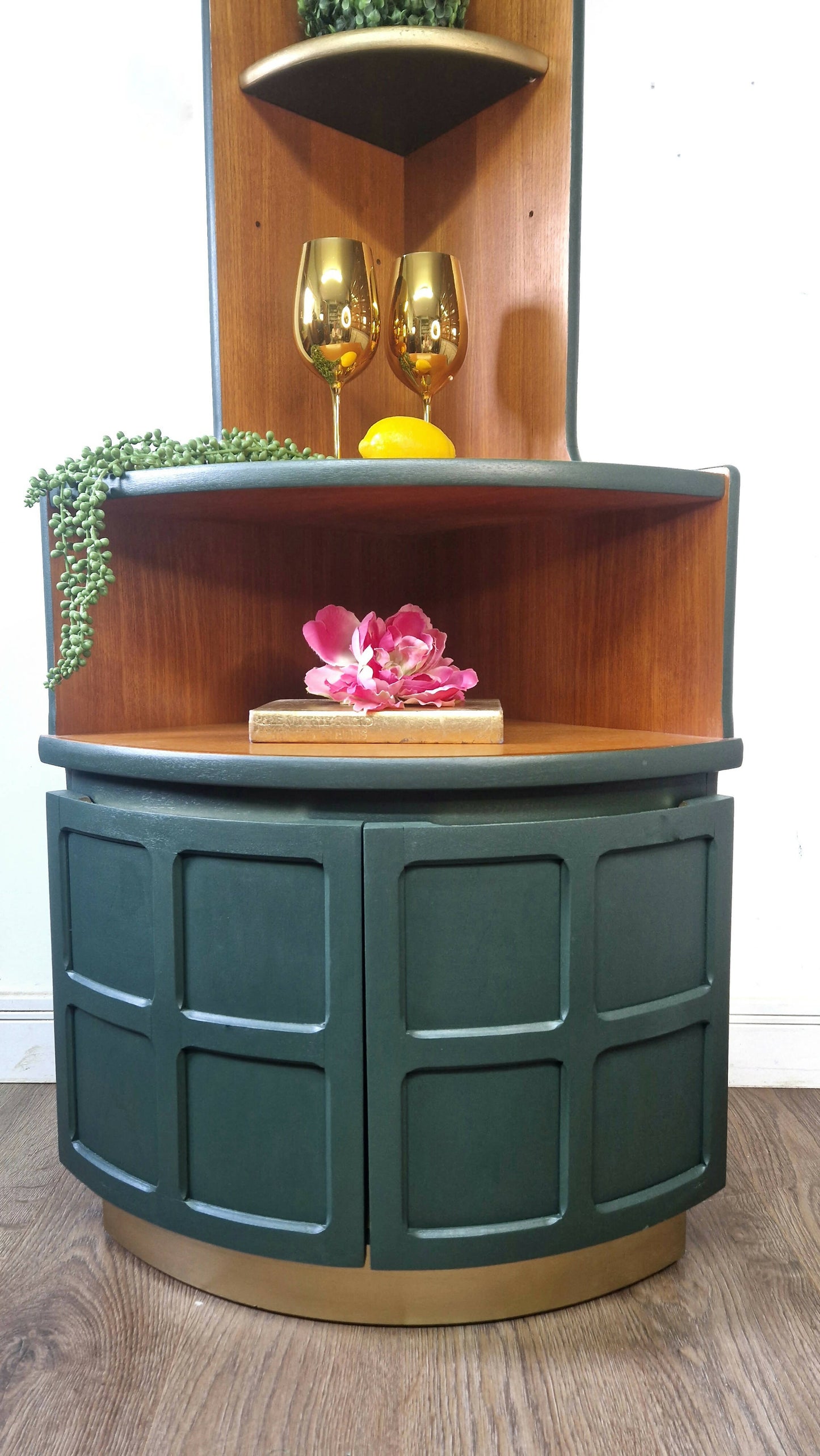Mid century modern nathan corner unit,drinks cabinet in green and gold