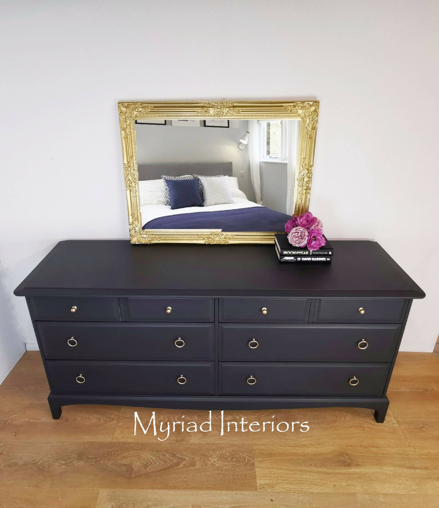 Refurbished vintage Stag Minstrel captains chest, mid century chest of drawers, dark grey, dresser, extended large drawers, retro, sideboard