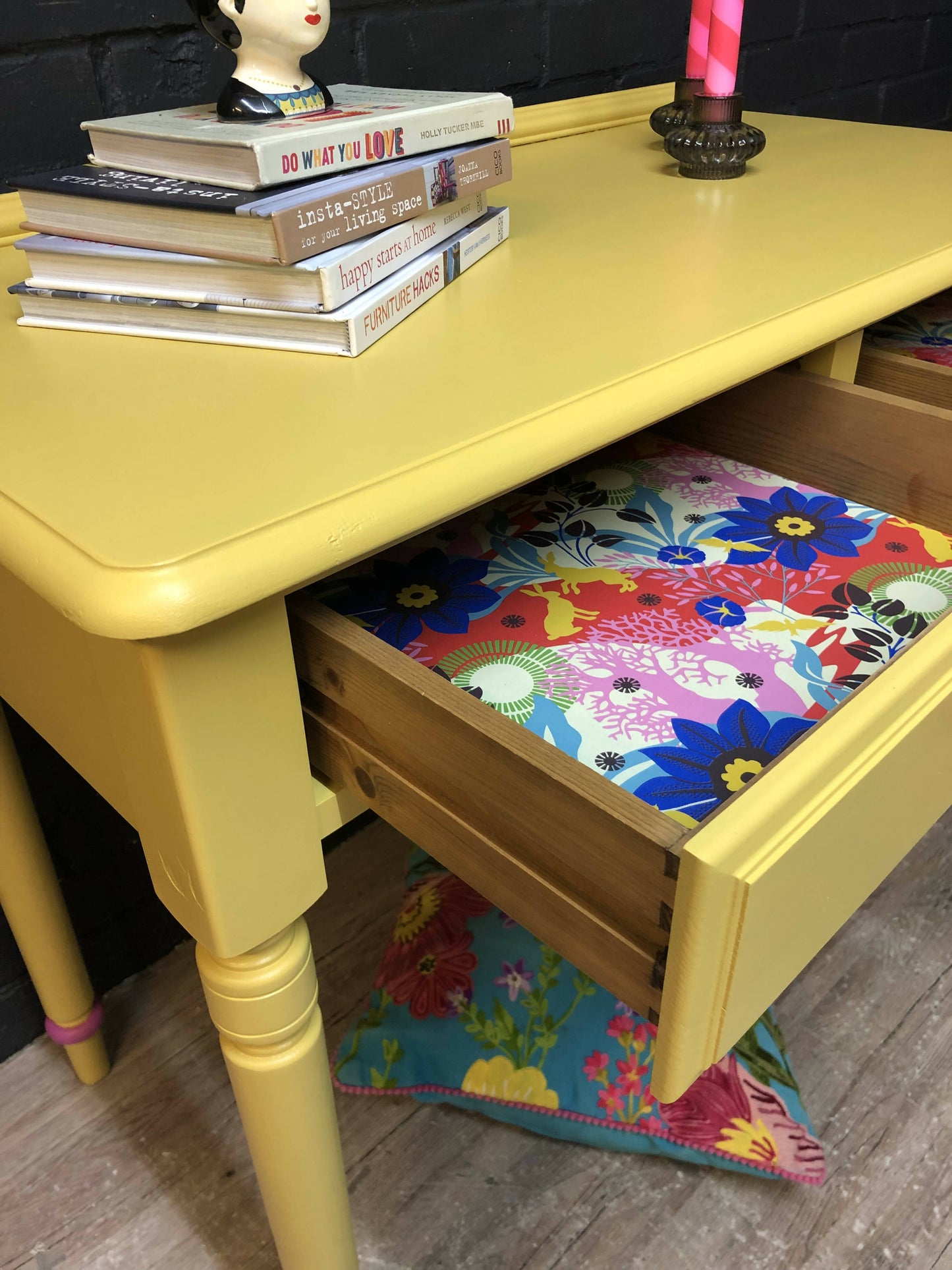 MADE TO ORDER: Yellow and pink console/hallway table/desk, with floral paper drawer lining