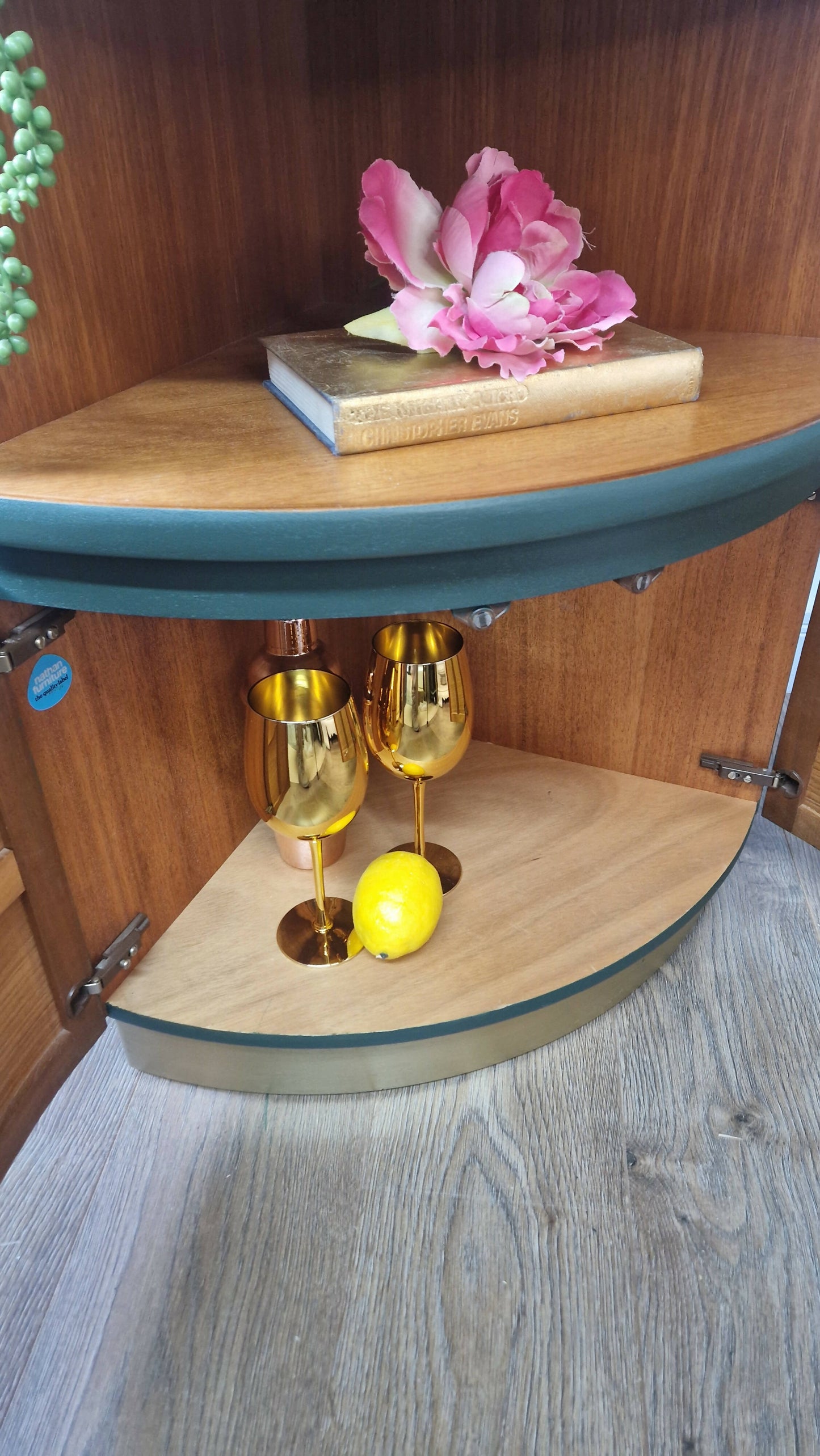 Mid century modern nathan corner unit,drinks cabinet in green and gold