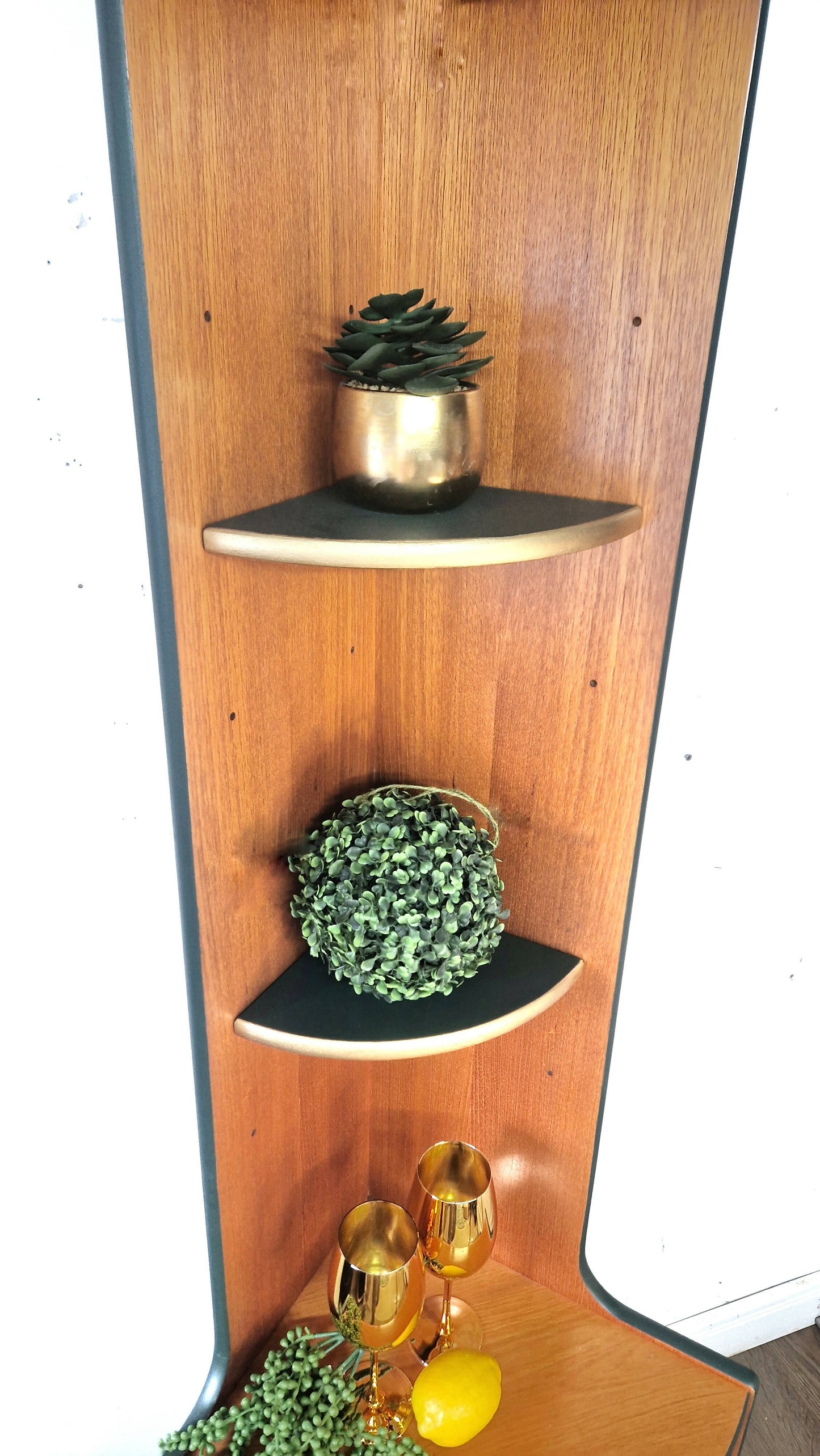 Mid century modern nathan corner unit,drinks cabinet in green and gold