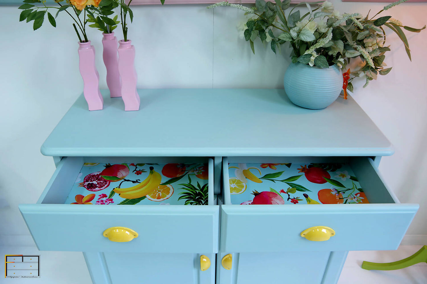 Vintage Pine Retro Sideboard, Teal Kitchen Cupboard Tropical Interior, 1970s Pastel Dopamine Decor Storage Unit, Yellow Cup Handles